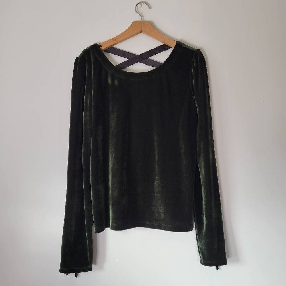 Anthropologie Crushed Velvet Ribbon-Tie Back Top XL • Dark Forest Green Long Sle